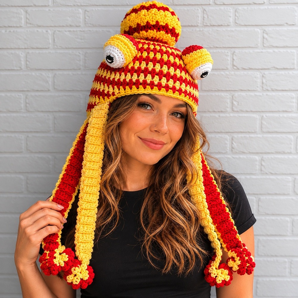 Octopus Squid Hat Red Yellow Hand Knitted Novelty Beanie One Size‎